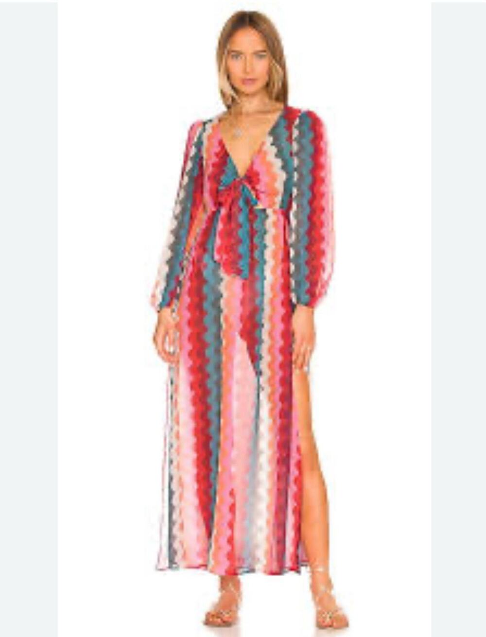 Beach Riot Shiloh Chevron Wave Sheer Cover-Up Maxi Dress Long Sleeve Size XS